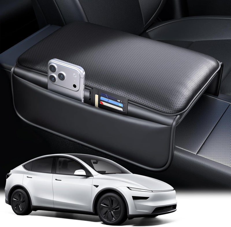 Wigoo Tesla New Model Y Juniper & Model 3 Highland Center Console Lid Cover, [Soft Support, Anti-Scratch] Nappa Leather Armrest Cover Cushion with 2 Storage Bags, Armrest Protector Accessories Black - Image 1